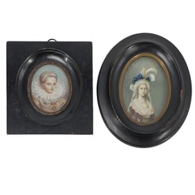 (2 Pc) Pair Of Antique Oval Miniature Portraits W/ Wooden Frame
