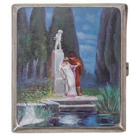Antique Hand Painted Enamel & Silver Cigarette Case