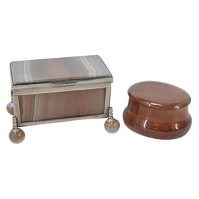 (2 Pc) Pair Of Antique Carved Stone & Agate Trinket Boxes