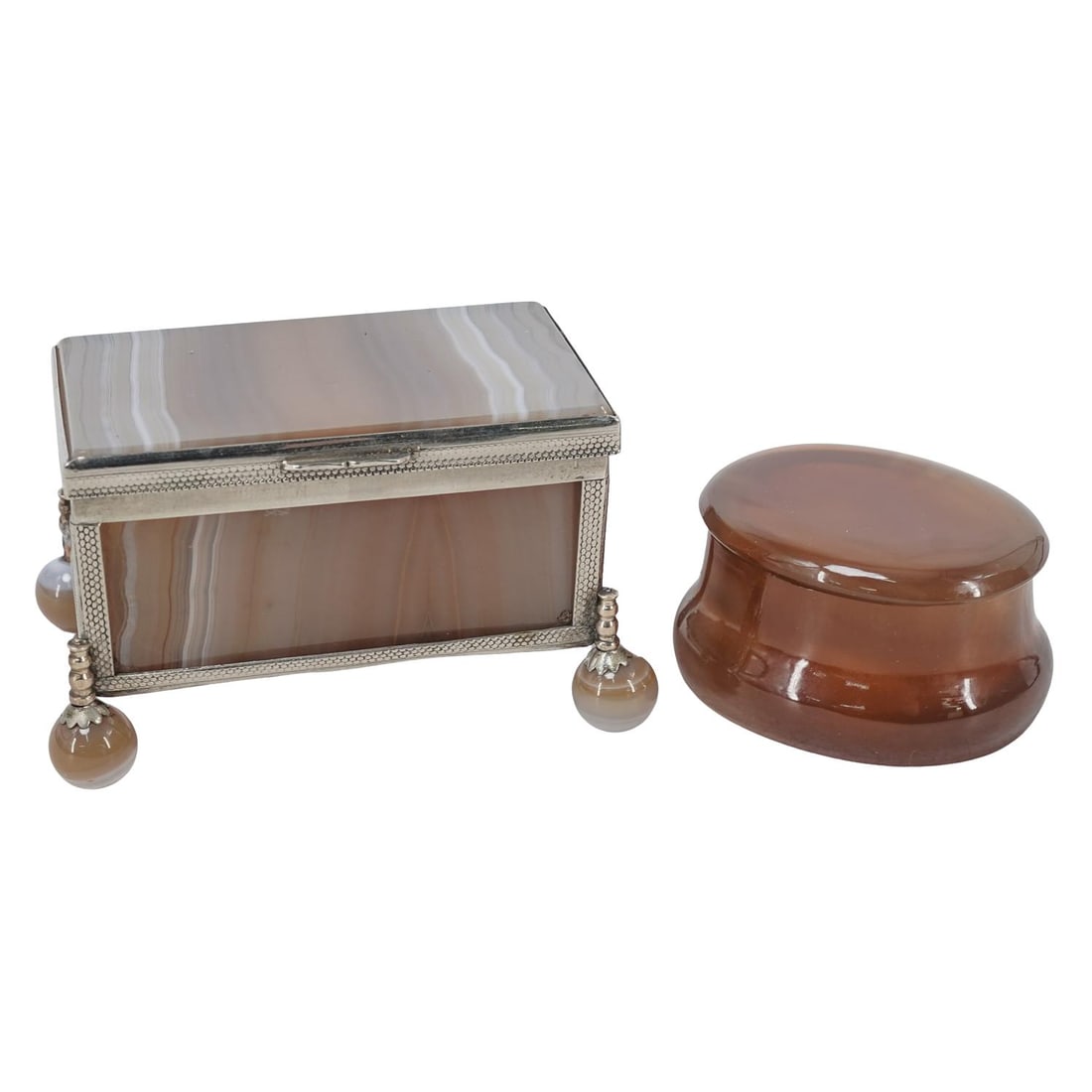 (2 Pc) Pair Of Antique Carved Stone & Agate Trinket Boxes (1 of 9)