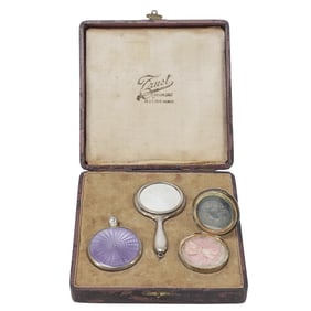 (3 Pc) Antique 935 Silver & Enamel Guilloche Ladies Vanity Set W/ Case