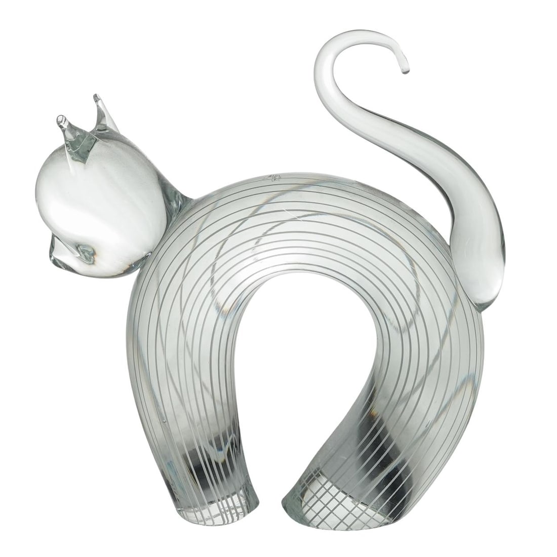 Zanetti Murano Glass Cat: Zanetti Murano Glass Cat Late 20th Cent. Italy Zanetti Murano glass cat featruing an arched body, a curving tail, and white lines accenting its physique. Incised "Zanetti" on underside. H: 10.5" W: 2.