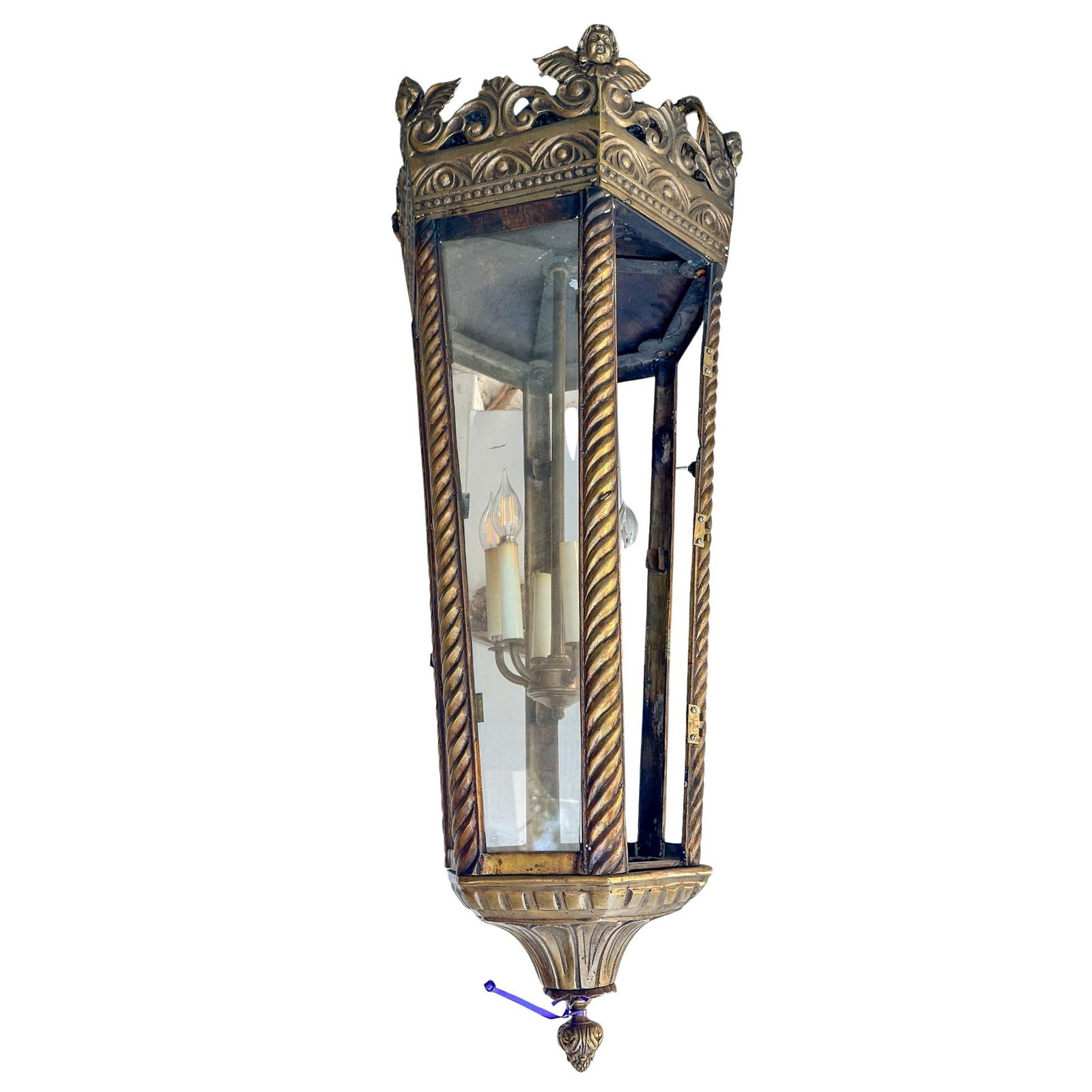 Large Antique Hanging Bronze Lantern Chandelier (1 of 6)