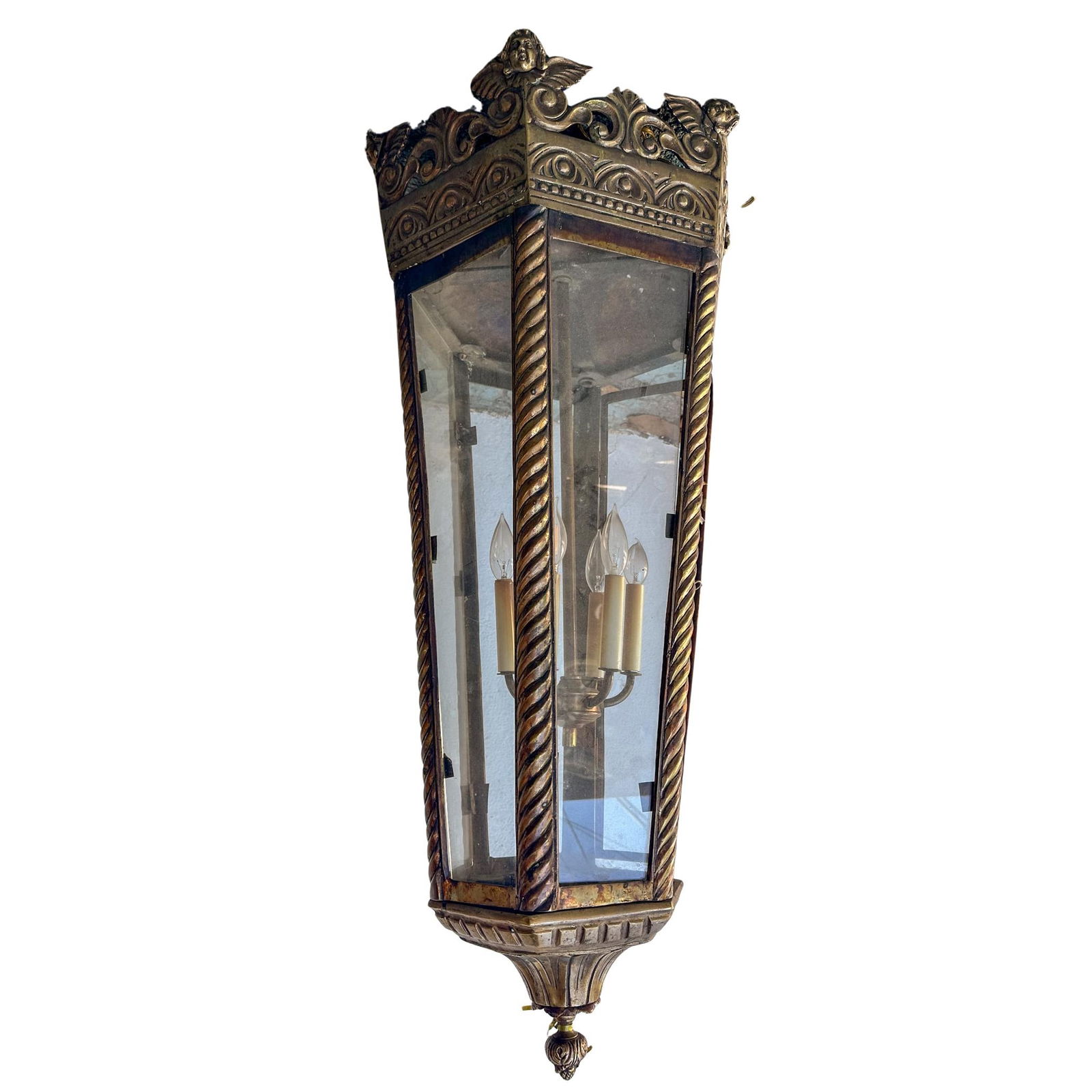 Large Antique Hanging Bronze Lantern Chandelier (1 of 6)