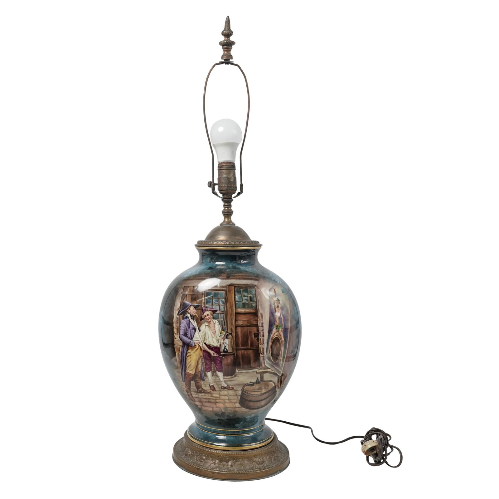 Signed "J Duren" Royal Bonn Porcelain Table Lamp: Signed "J Duren" Royal Bonn Porcelain Table LampLate 19th-early 20th century, GermanA Royal Bonn (established 1836, German) porcelain table lamp with a hand-painted indoor scene of an artist and presu