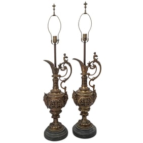(2 pcs) Antique Bronze Neoclassical Converted Ewer Table Lamps