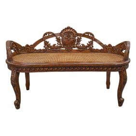 French Carved Wood & Caned Bench