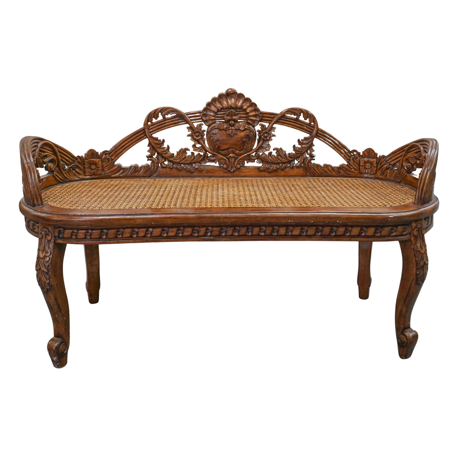 French Carved Wood & Caned Bench (1 of 11)