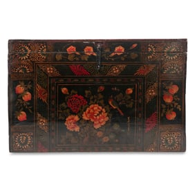 Antique Chinese Lacquered Wood Hand-Illustrated Opera Trunk