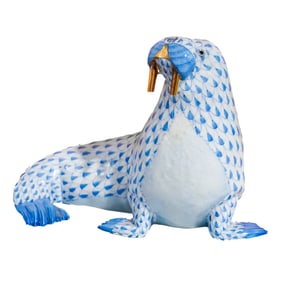 Herend Porcelain "Walrus" Blue Fishnet Large Figurine