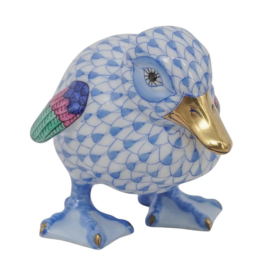 Herend Porcelain "Little Duckling" Blue Fishnet Figurine: Herend Porcelain "Little Duckling" Blue Fishnet Figurine 20th Century, Hungary. Herend porcelain figurine depicting a "Little Duckling" in a blue fishnet pattern. Model number: #15834. Marked with Her
