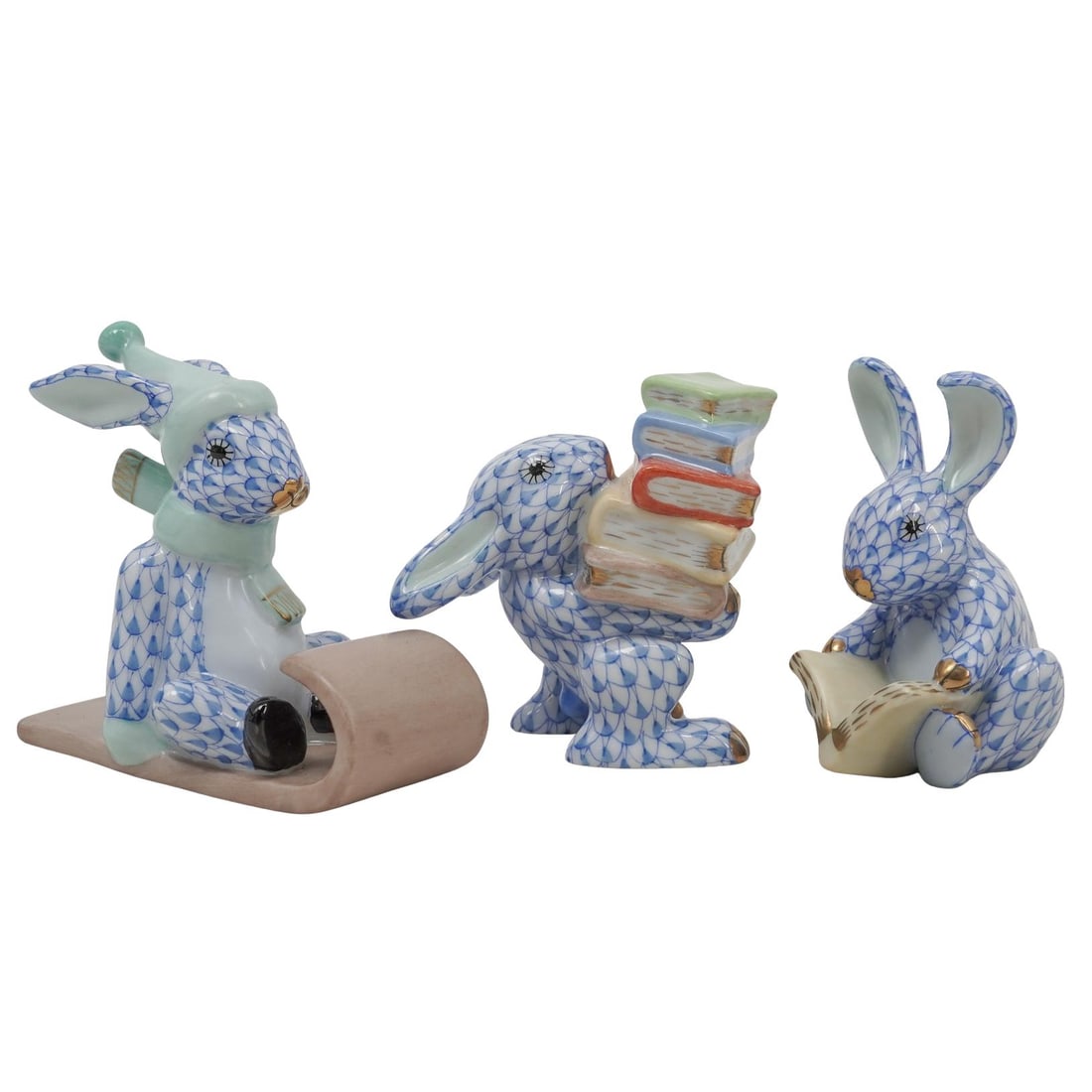 (3 Pc) Herend Porcelain Blue Fishnet Rabbits Figurines Grouping (1 of 8)
