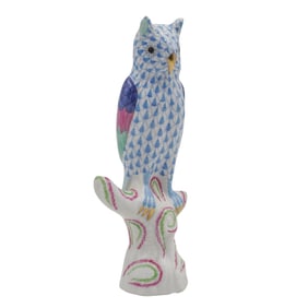 Herend Porcelain "Owl On Branch" Blue Fishnet Figurine