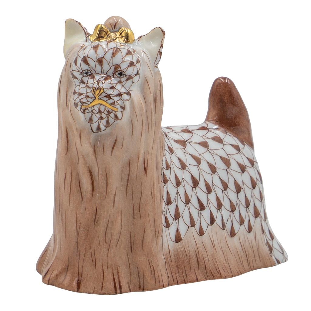 Herend Porcelain "Yorkshire Terrier" Fishnet Figurine: Herend Porcelain "Yorkshire Terrier" Fishnet Figurine 20th Century, Hungary. Herend porcelain figurine depicting a "Yorkshire Terrier" in chocolate brown fishnet pattern. Model number: 15873. Marked w
