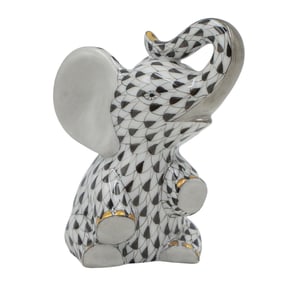 Herend Porcelain "Baby Elephant" Black Fishnet Figurine