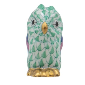 (2 Pc) Herend Porcelain Elephant & Owl Fishnet Figurines