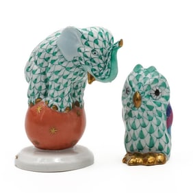 (2 Pc) Herend Porcelain Elephant & Owl Fishnet Figurines
