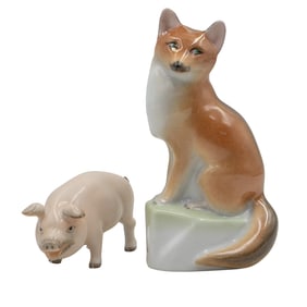(2 Pc) Herend Porcelain "Seating Fox" & "Pig" Figurines