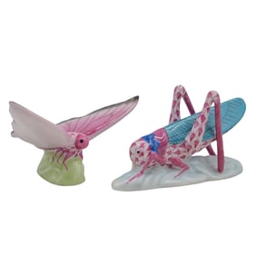 (2 Pc) Herend Porcelain Butterfly & Grasshopper Fishnet Figurines