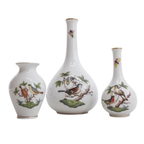 (3 Pc) Herend Rothschild Bird Porcelain Bud Vases