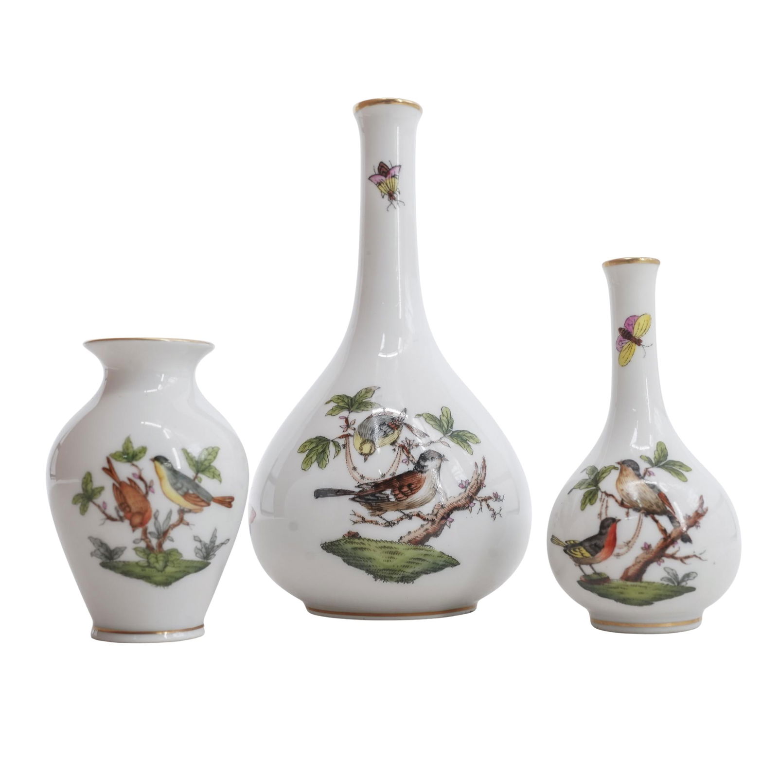 (3 Pc) Herend Rothschild Bird Porcelain Bud Vases (1 of 11)