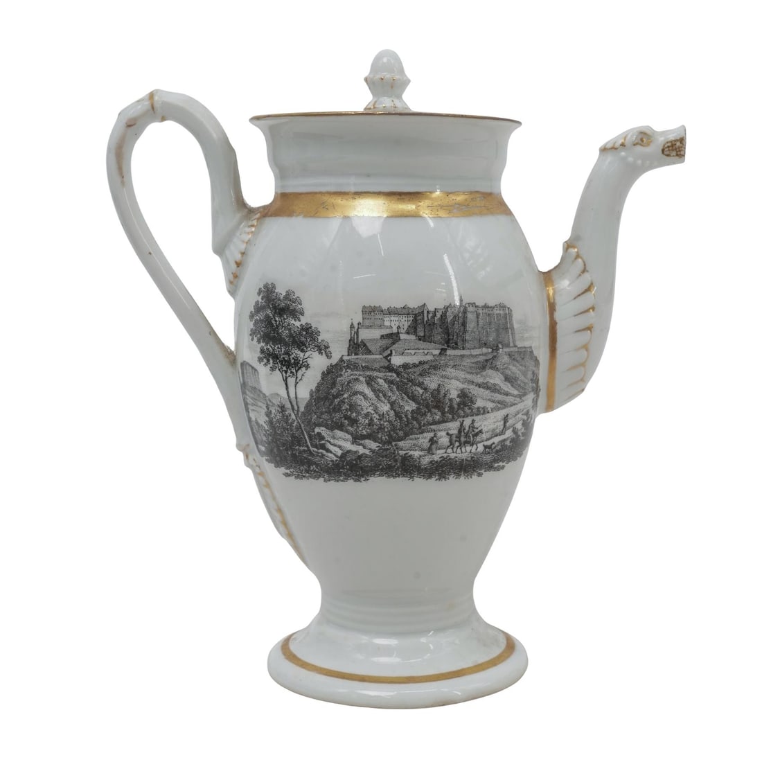 Antique Meissen Dresden Porcelain Topographical Teapot: Antique Meissen Dresden Porcelain Topographical Teapot19th Century, Germany.Antique Meissen Dresden porcelain small teapot with matching lid, in glazed white porcelain, with gilt accents, and animal s