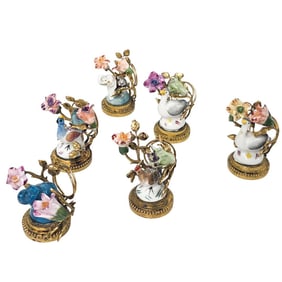 (6 Pc) French Gilt Bronze & Porcelain Place Card Holders Set