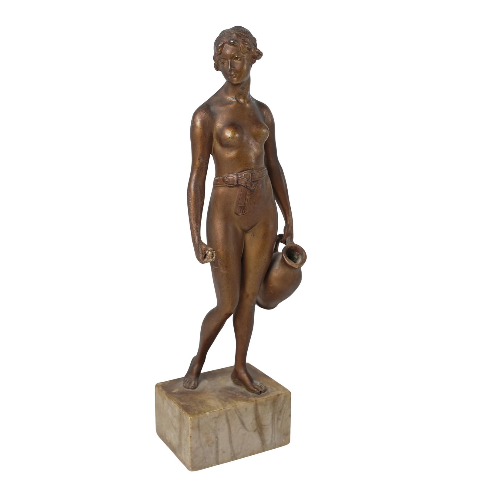 Bronze Neoclassical Water Bearer Sculpture: Bronze Neoclassical Water Bearer Sculpture late 19th early 20th century, Austria/Germany (likely) A bronze figure of a nude Neoclassical female water bearer figure holding a ewer. Affixed to a stone b