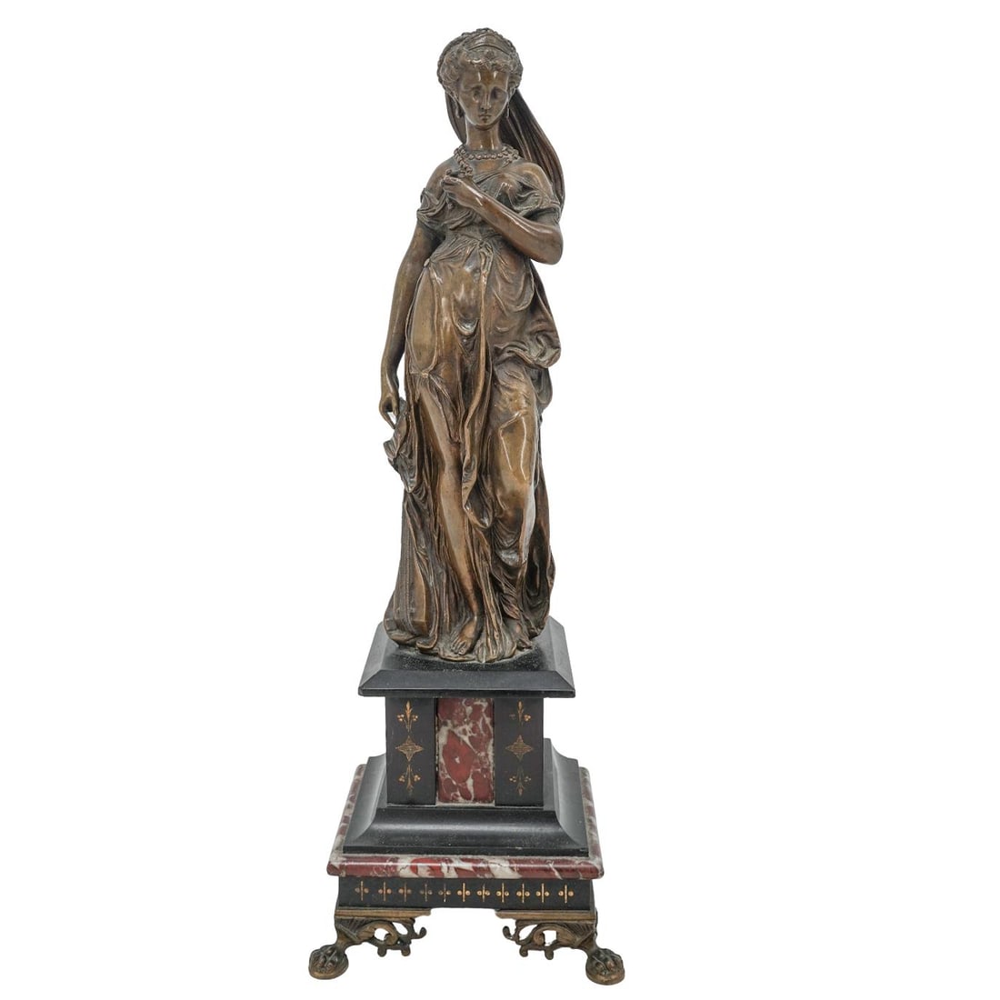 Antique French Neoclassical Maiden Bronze Sculpture: Antique French Neoclassical Maiden Bronze Sculpture19th-20th c., FranceAntique bronze sculpture of a finely adorned woman with a lute beside her. It is mounted to a gilded black and red marble pedesta