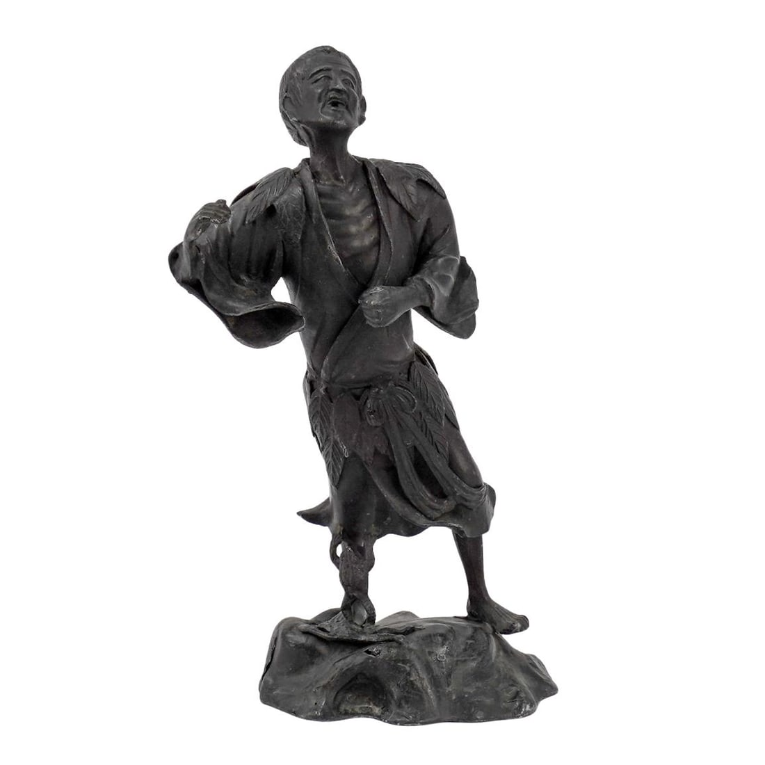 Antique Japanese Meiji Period Male Figure Sculpture: Antique Japanese Meiji Period Male Figure Sculpture19th Century, Japan.Antique Japanese Meiji period mixed metal sculpture depicting a male figure with a pair of frogs by his feet, one of them pulling