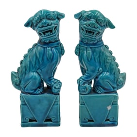 Pair of Chinese Porcelain Foo Dogs Blue Glazed Statues