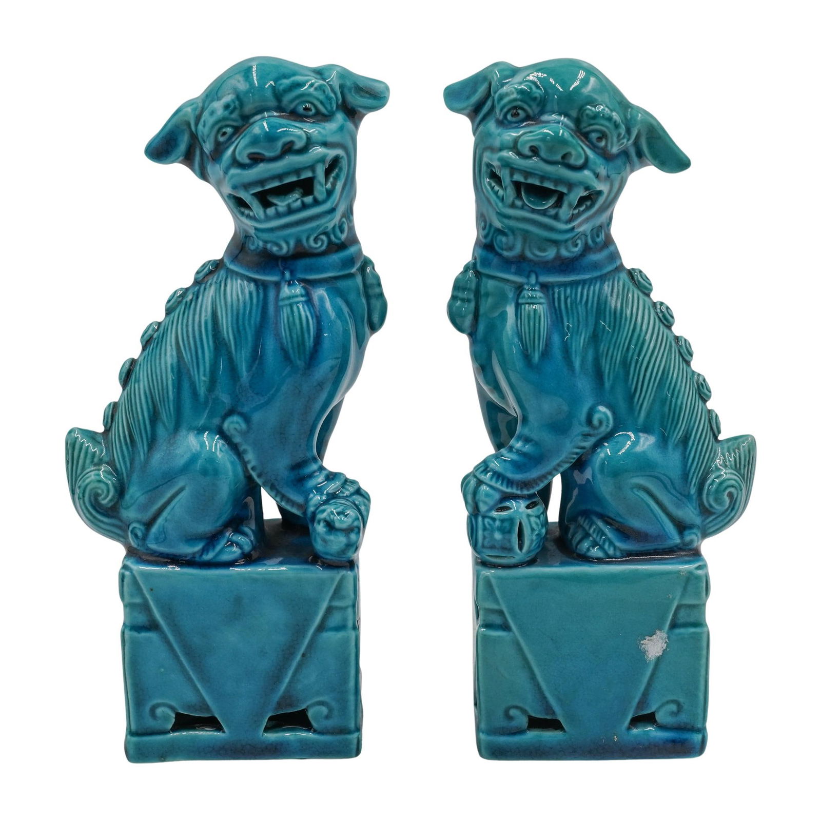 Pair of Chinese Porcelain Foo Dogs Blue Glazed Statues (1 of 6)