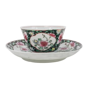 18th Century Yongzheng Famille Noir Porcelain Cup and Saucer