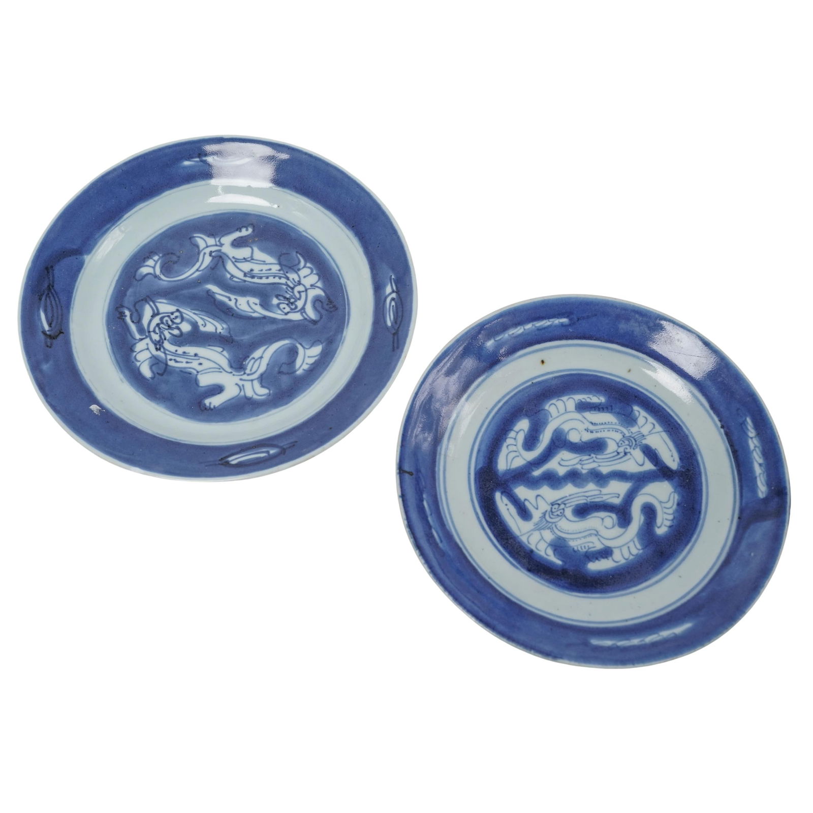Pair Signed Antique Chinese Blue and White Dragon Porcelain Plates (1 of 6)
