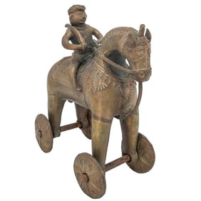 Antique Indian Bronze Horse on Wheels Temple Toy