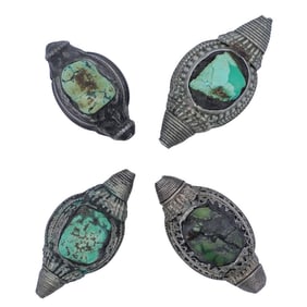 (4 Pc) Antique Tibetan Silver & Turquoise Hair Ornaments