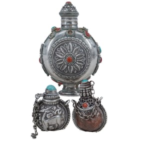 (3 pcs) Antique Southeast Asian Silver Snuff Bottles with Stone Inlay