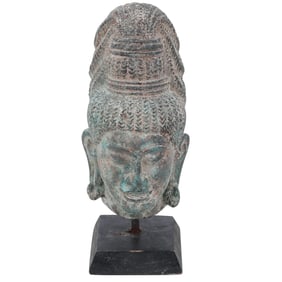 Antique Khmer Bronze Head Sculpture