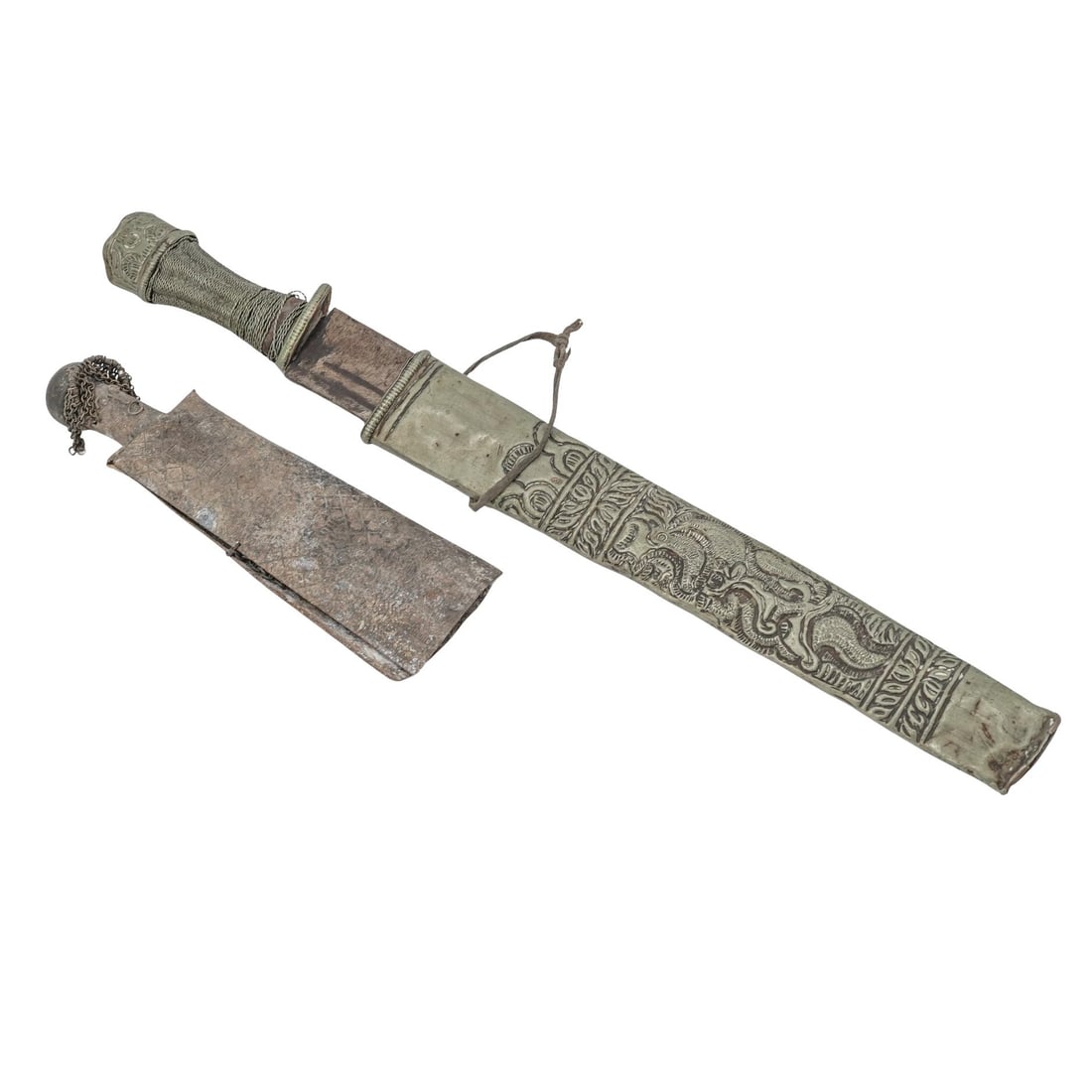 (2 Pc) Antique Bhutanese Dozum Knife & Scabbard and Judaica Figurine (1 of 14)