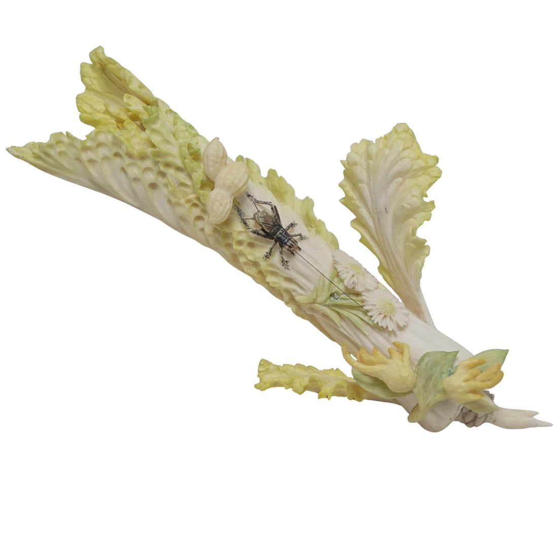 Chinese Carved Bone Bai Cai with Cricket: Chinese Carved Bone Bai Cai with CricketChinese, 20th centuryA Chinese carved bone "bai cai", or cabbage, with affixed small realistic cricket, floral decoration, and peanuts. Bai cai in Chinese is a