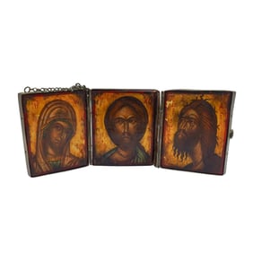 Antique Russian Hand Painted Tempura Icon Triptych