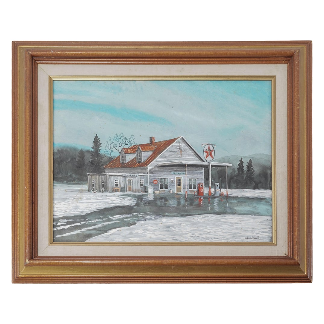 Herbert Weintraub (American, 1934-2019) Texaco Gas Station Painting: Herbert Weintraub (American, 1934-2019) Texaco Gas Station Painting20th c., USALandscape gouache on board painting of a Texaco Gas Station in the winter with snow on the ground. It is signed in the lo