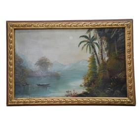 Antique Oil on Canvas Tropical Lakeside Painting