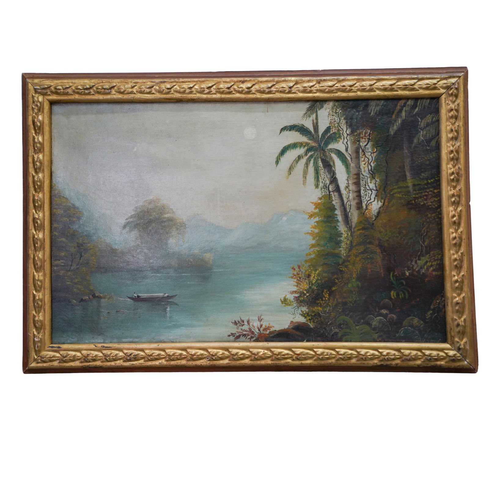 Antique Oil on Canvas Tropical Lakeside Painting (1 of 4)