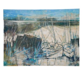 Maggie Milono (American, 20th c.) Surrealist Boatyard Painting