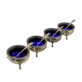 (4 pcs) Sterling Silver and Cobalt Glass Salt Cellars w/ Sterling Spoons