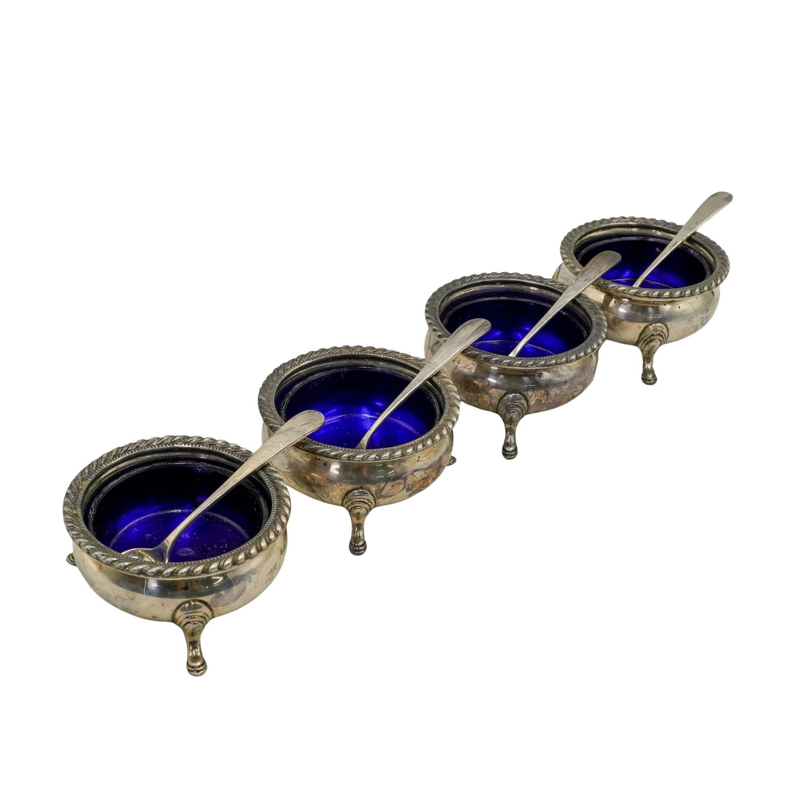 (4 pcs) Sterling Silver and Cobalt Glass Salt Cellars w/ Sterling Spoons (1 of 7)