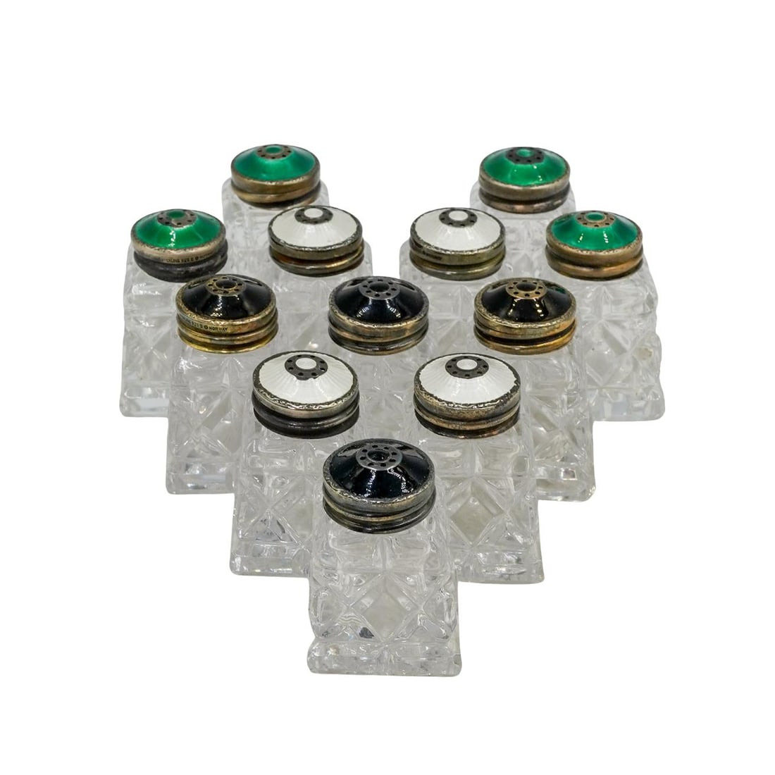 (12 pcs) Norwegian Sterling Silver, Enamel and Cut Glass Salt Shakers (1 of 9)