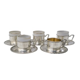 Antique Austria-Hungary 800 Silver Demitasse Set W/ Porcelain Inserts