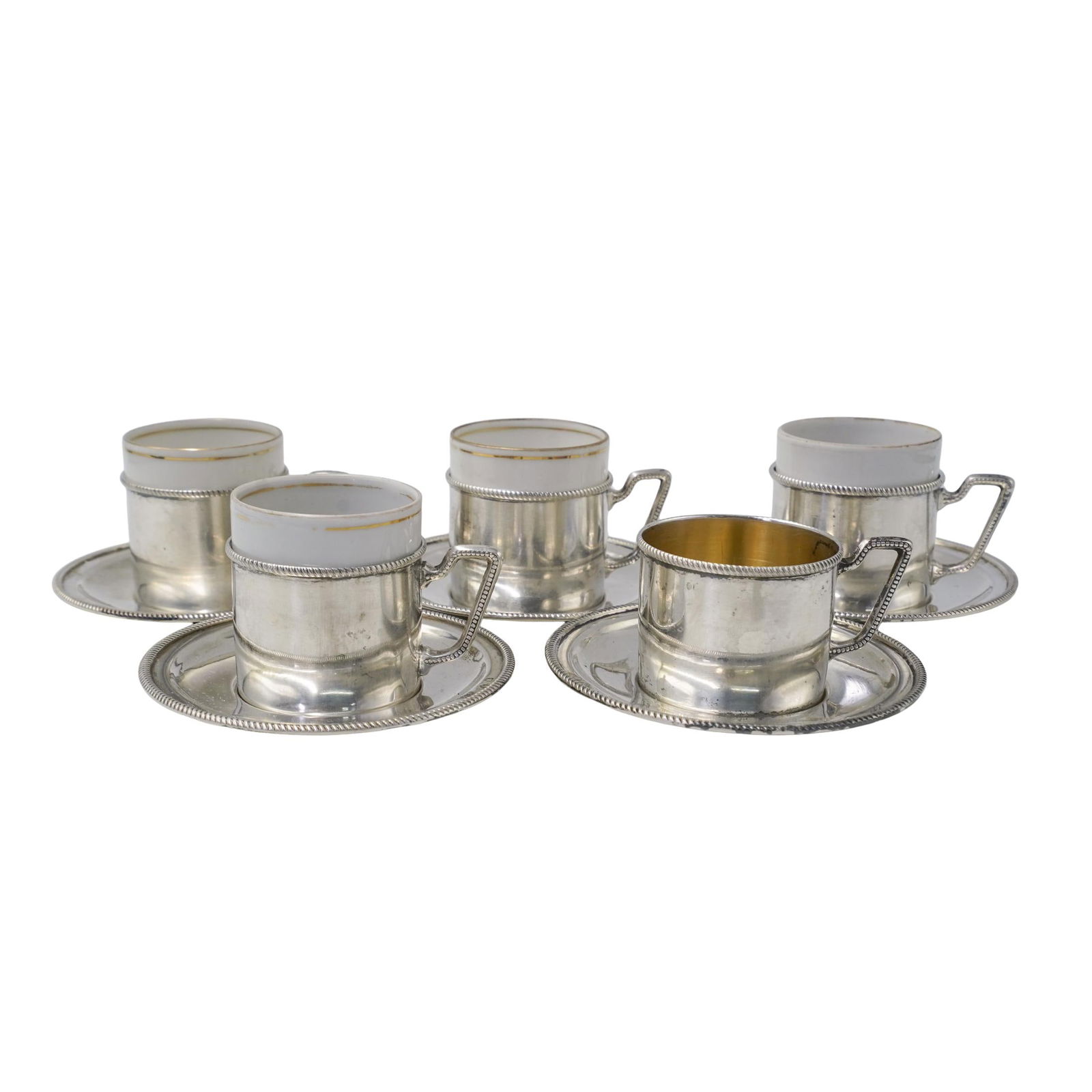 Antique Austria-Hungary 800 Silver Demitasse Set W/ Porcelain Inserts (1 of 7)